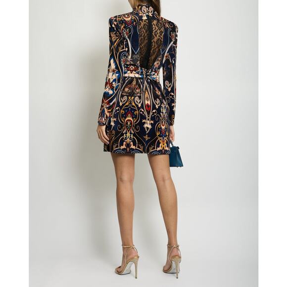 DUNDAS VELVET & LACE PAISLEY PRINT LONG SLEEVE MINI DRESS W FRONT BELT DETAIL 36 - Picture 3 of 13